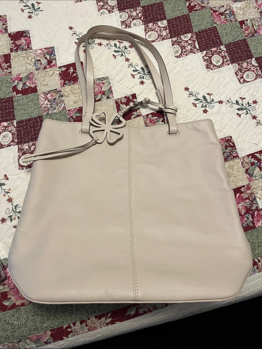 Final price! Lucky Brand Beige Leather Tote with Clover Charm